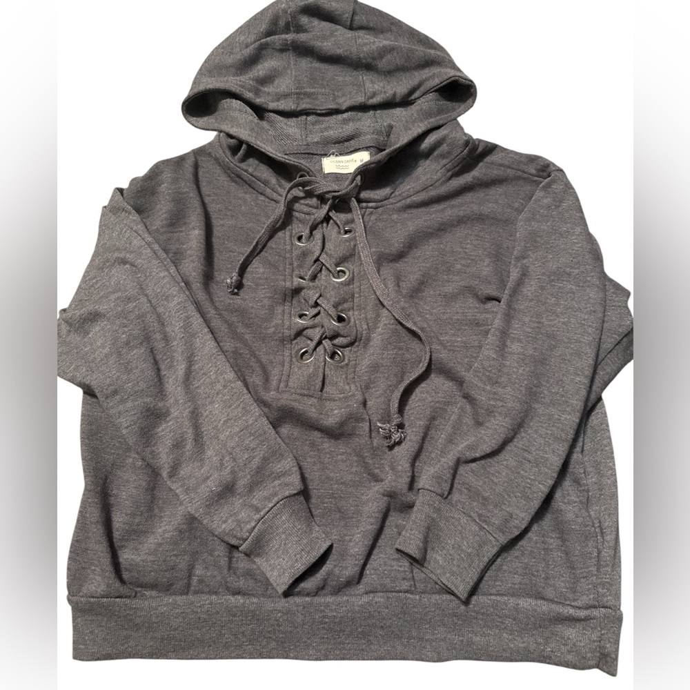 Ocean Drive grey tie up hooded sweater size medium EUC